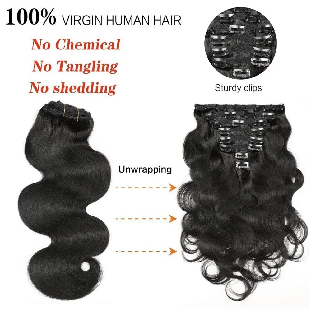 Body Wave Clip Ins Human Hair 12 Inch 8Pcs Virgin Brazilian Black Extensions